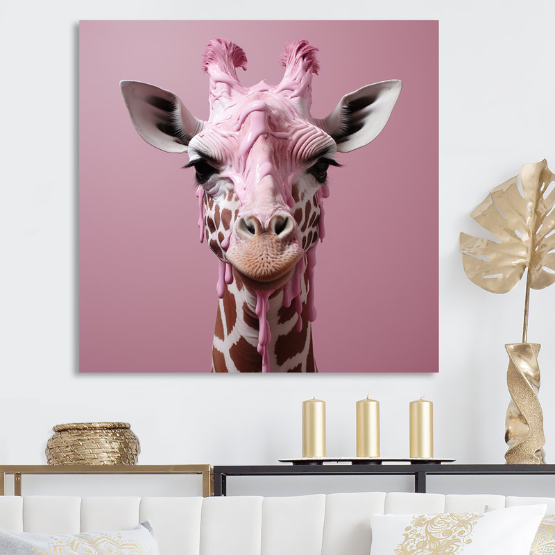 Girafe rose, position romantique sur toile, H 16 po x l 16 po x P 1 po, Toile tendue