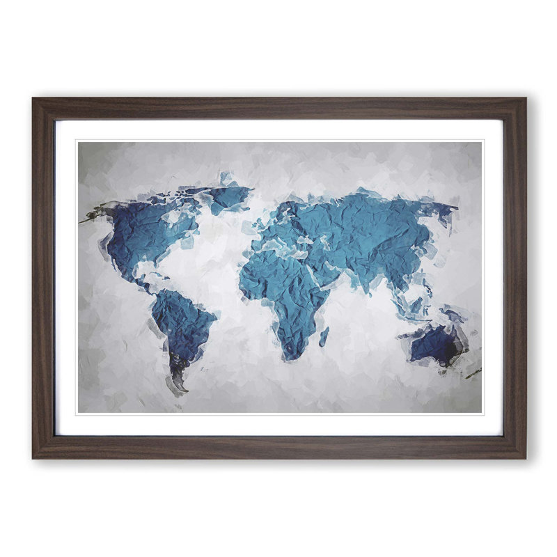 Teal Blue Map of the World in Abstract - Picture Frame Graphic Art Print on MDF, 27cm H x 36cm W x 2cm D, Walnut Framed