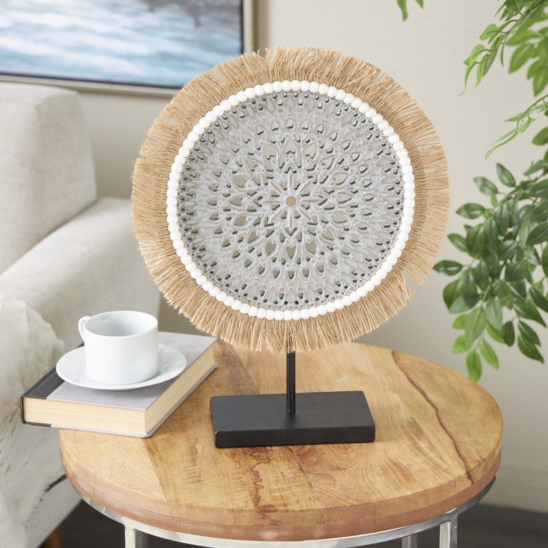 Wooden Handmade Seagrass Fringed Tribal Decorative Sculpture with Black Base, 17.75" H x 13.8" W x 4" D, Gray