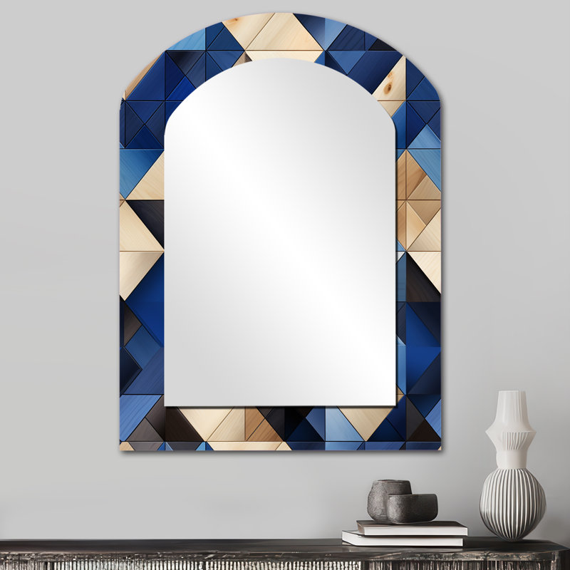 «Beige and Blue Tiles Symmetry», miroir mural géométrique asymétrique, grand miroir à arche bleue, impression sur métal