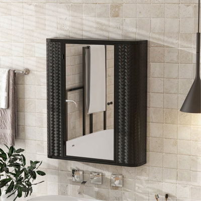 Armoire de salle de bain murale avec miroir, armoire à pharmacie avec porte en miroir en métal, 2 tablettes intérieures pour le rangement, style maison de campagne moderne, rangement pour toilette ou coiffeuse