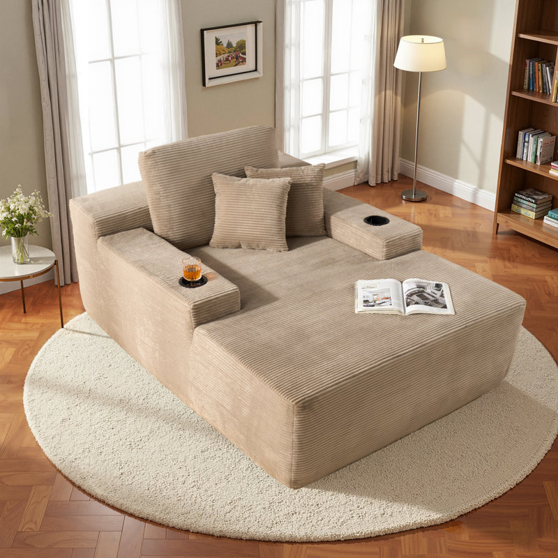 Méridienne surdimensionnée rembourrée de 66,78 po avec coussin Nathasa, Velours côtelé brun clair