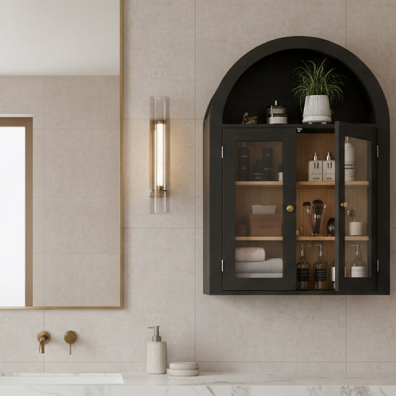 Arched Wall Cabinet with Glass Doors and Open Shelf, Adjustable Shelves, Bathroom Storage Cabinet