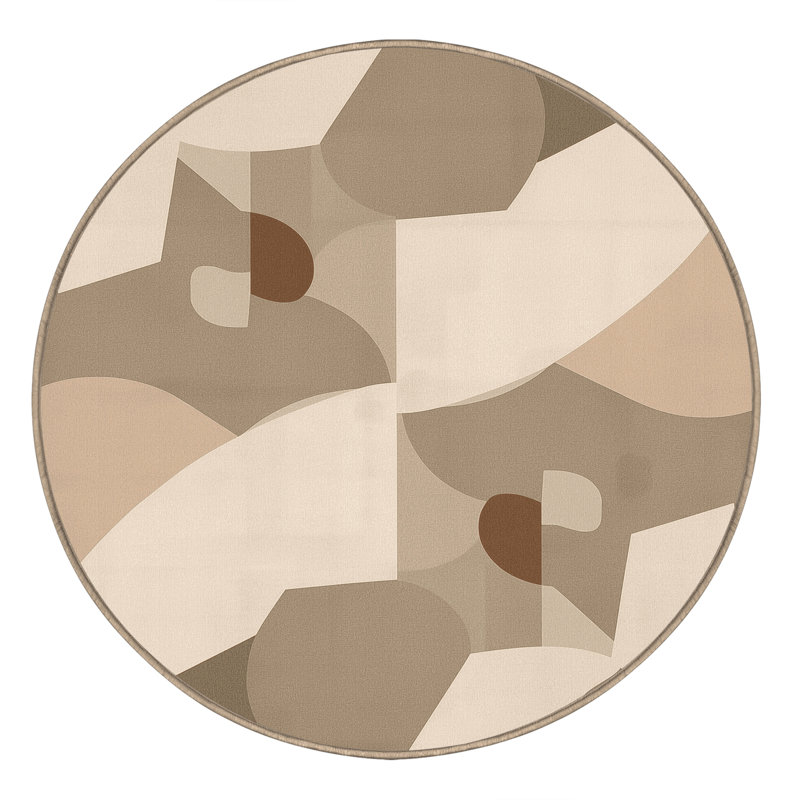 Machine Washable Ortencia Lotus Minimalist Geometric Shapes Rug in Gray – Beige Binding, 7' Round