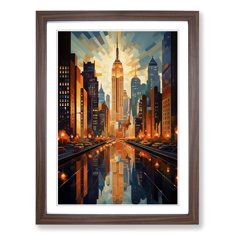 New York Deco - Single Picture Frame Print on Wood, 34cm H x 25cm W x 2cm D, Walnut 