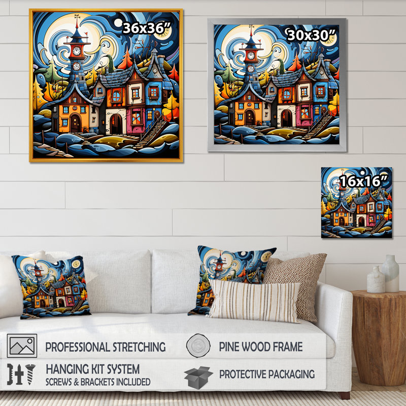 «Blue Whimsical Village Landscape - Abstract Landscape», art mural, Cadre flottant doré, H 36 po x l 36 po x P 1,5 po