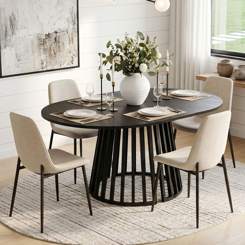 4- Person Dining Table Sets With Extendabe Oval Table & 4 Upholstered Chenille Dining Chairs, Beige