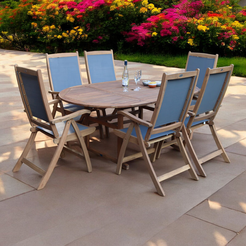 TURNBURY table with 6 x HENLEY Grey Textylene Reclining Folding High Back Armchair