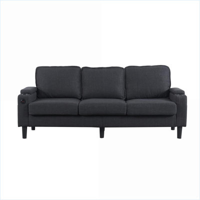 Sectional Sofas Charcoal Gray 3-Seat with Storage Ottoman, USB Ports for Small Spaces | Dark Grey | Wood+Fabric
