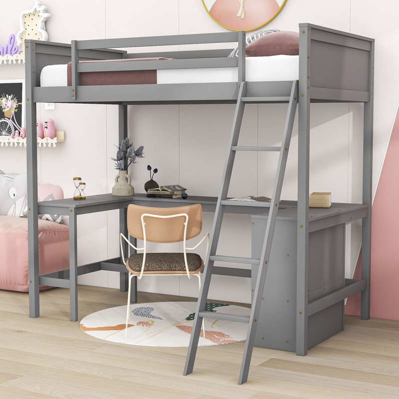 Wood Loft Bed With Desk And Shelves, Gray, Twin