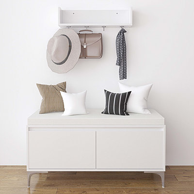 Wall-Mounted Entryway Shelf with Hooks and Storage Bench Set, Modern White Shoe Cabinet with Cushion and Closed Storage