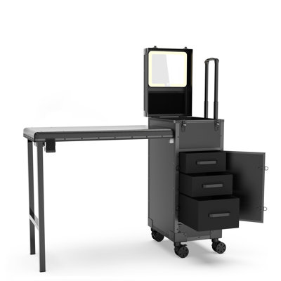 Table de manucure roulante portable avec tringle, tiroirs, miroir et organisateur de vernis à ongles, trousse de maquillage verrouillable avec bureau à clous pliable