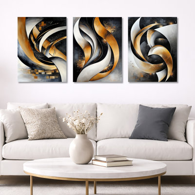 Fractal Waves of Dark Golden Galaxy - ensemble de 3 toiles abstraites encadrées