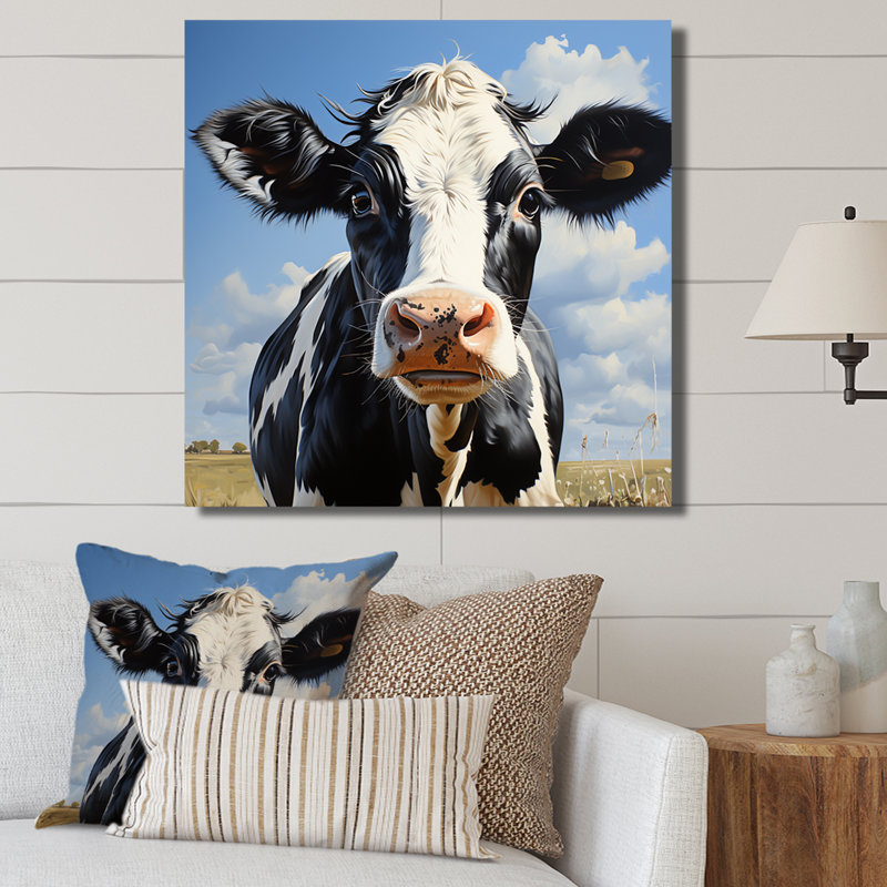 Vache noire et blanche broutant les prés II, H 16 po x l 16 po x P 1 po, Toile tendue