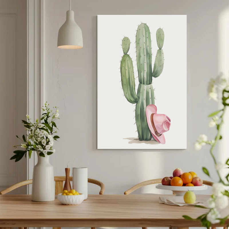 Grand cactus avec un chapeau de cowboy rose, style peinture à l'aquarelle. Art mural encadré en toile - Cadre en bois massif de 24 po x 36 po et 1 po d'épaisseur pour le salon ou la chambre à coucher