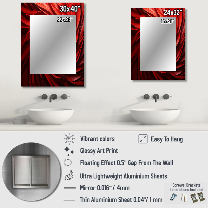 Red abstract spiral dreamscape III - Abstract Spirals Wall Mirror, Modern Decorative Mirror, Printed Metal Art, 40" x 30"