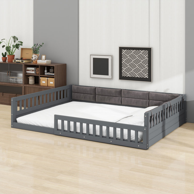 Upholstered Platform Bed Frame with Safety Guardrail, Gray