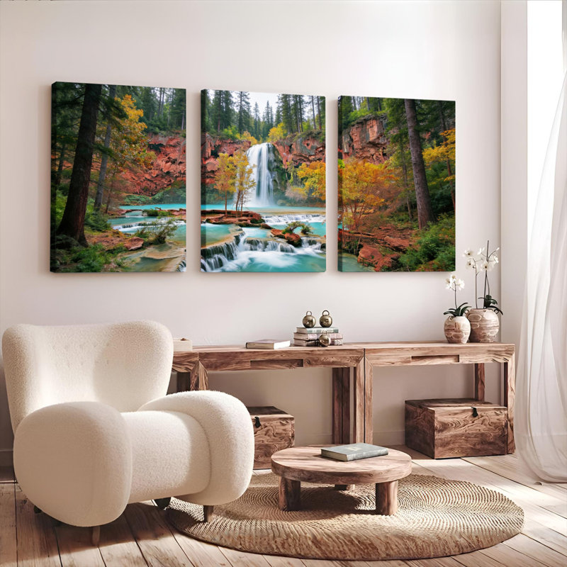 «Autumn Forest Waterfall Landscape», ensemble de 3 reproductions d'art sur toile tendues sur toile, 1218
