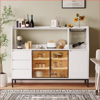 Table basse en métal avec 3 tiroirs Porte vitrée, rangement multifonctionnel pour le vin et les décorations