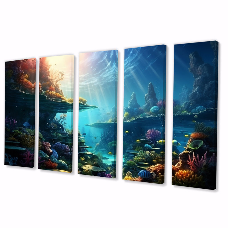 Corail marin II - reproduction d'art sur toile côtière - 5 panneaux égaux