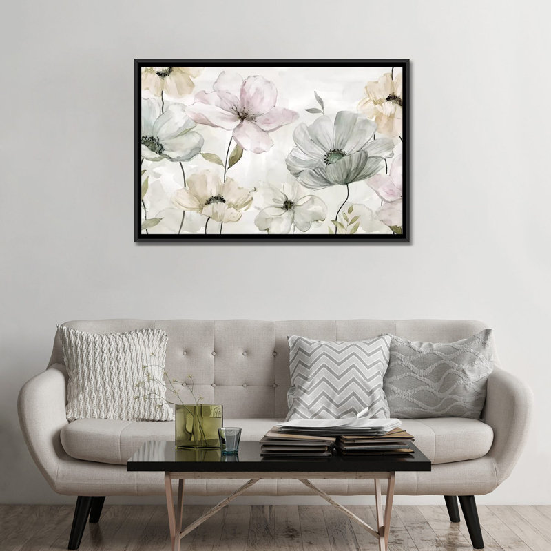 «Garden Grays» par Carol Robinson - reproduction, H 32 po x l 48 po x 1,5 po, Toile avec cadre noir, Pas de tapis