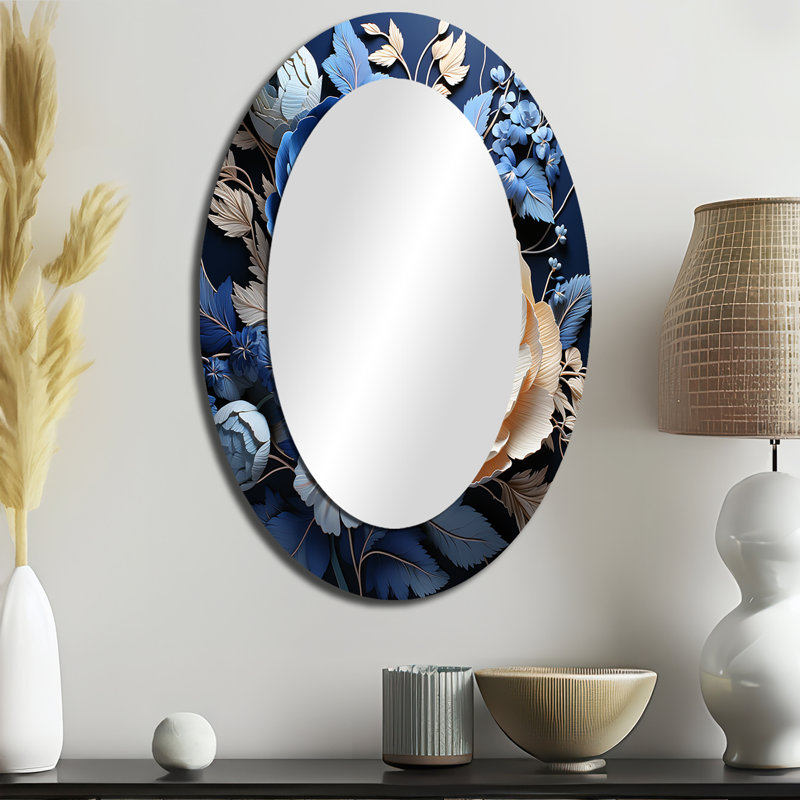 Ranunculus Bouquet I - Miroir mural ovale traditionnel bleu, H 36 po x l 24 po