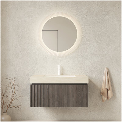 Meuble-lavabo flottant de 36 po avec rangement en contreplaqué, comptoir en pierre frittée, cuve en céramique et trou de robinet pré-percé, finition grain de bois espresso