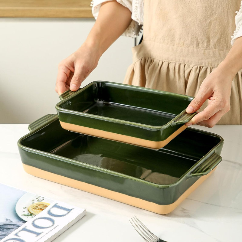Ensemble de 2 plats de cuisson en céramique vert forêt avec poignées, casseroles rectangulaires de 9 po x 13 po de large et de taille moyenne, ustensiles de cuisson en porcelaine pour la cuisson et le service