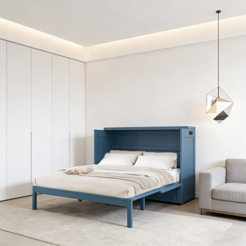 Queen Lower Profile Vertical Murphy Bed Cabinet With Storage Drawers, Charging Station And Safety Lock, Navy Blue