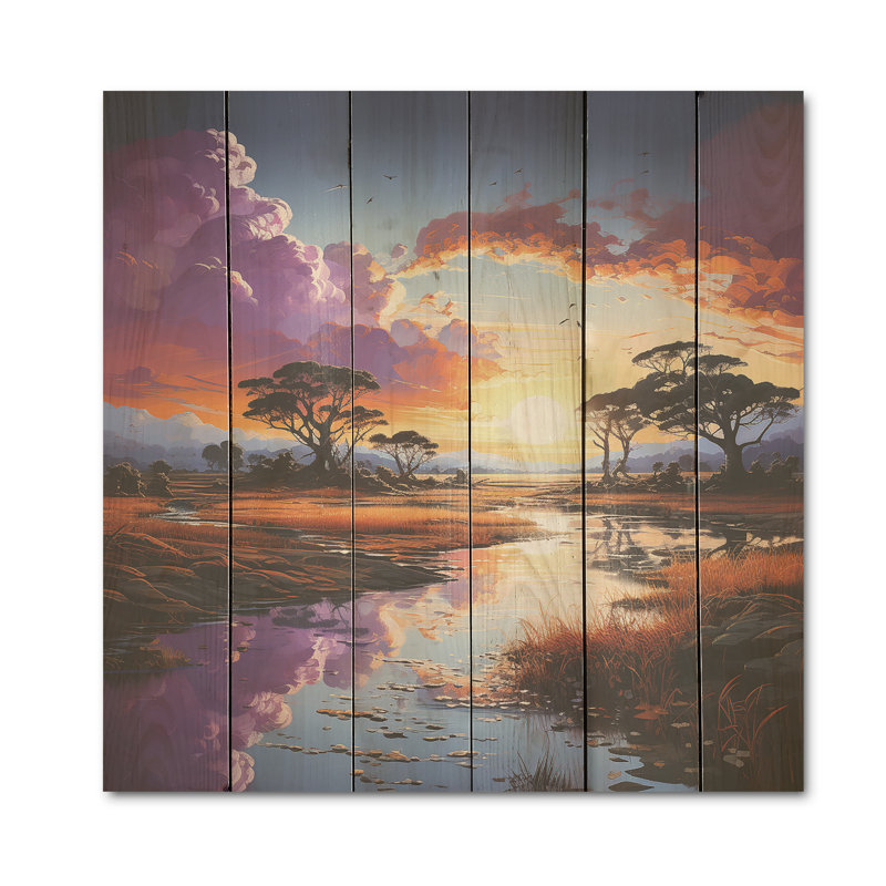 Charmant dessert au ciel au coucher du soleil - Art sur bois de pin naturel, H 15 po x l 15 po