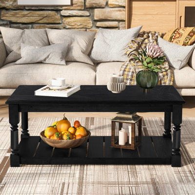 Rectangular Coffee Table, Slatted Lower Shelf and Turned Solid Wood Legs, Modern Farmhouse, Living Room