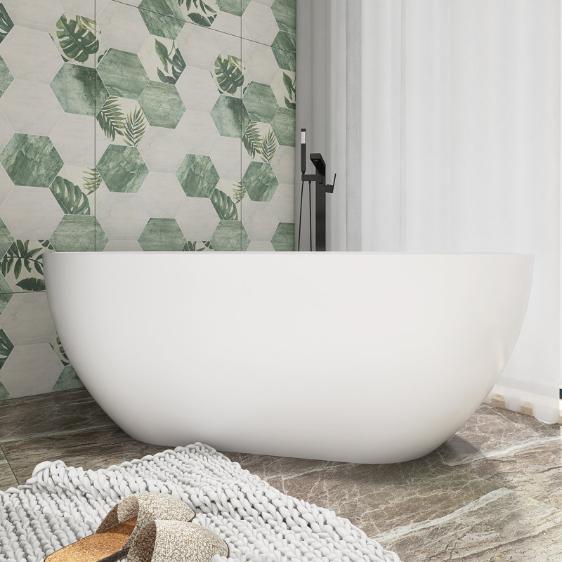 59-Inch Matte White Solid Surface Freestanding Soaking Bathtub