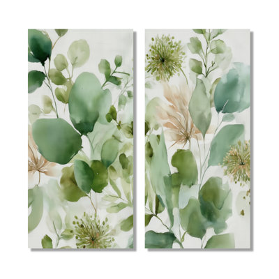 Watercolor Greenery Sage Watercolor - Plants Wall Art Decor, Green Botanical Canvas Print 2 Piece