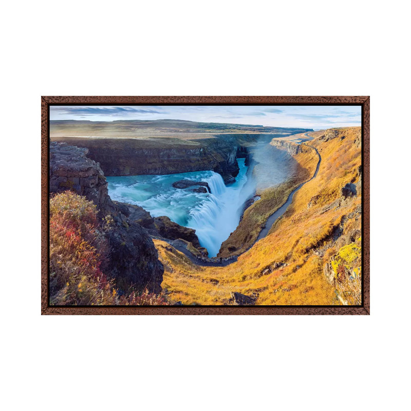 Gullfoss Waterfall Golden Circle by Susanne Kremer - Painting on Canvas, 152.5 cm H x 101.5 cm W, Classic Brown Wood Framed