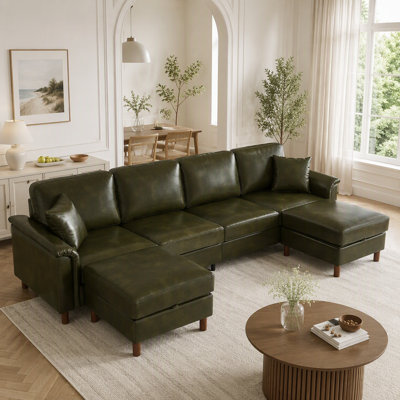 Canapé modulaire de 120 po avec deux repose-pieds de rangement amovibles, canapé modulaire rembourré en similicuir respirant, canapé en similicuir, vert foncé