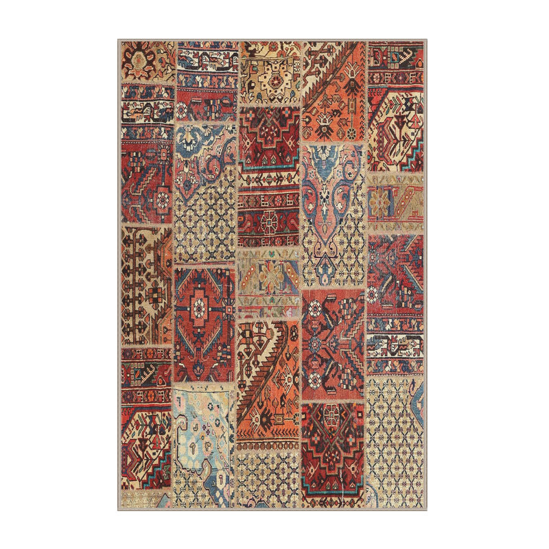 Tapis contemporain rouge / bleu / orange, Rectangle 7 pi x 10 pi
