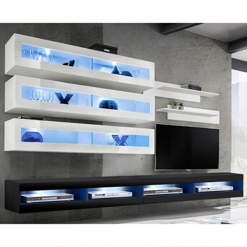Catania 126" Modern Floating Wall Mounted Entertainment Center with 16-Color LED Lighting, High Gloss Finish, White/Black