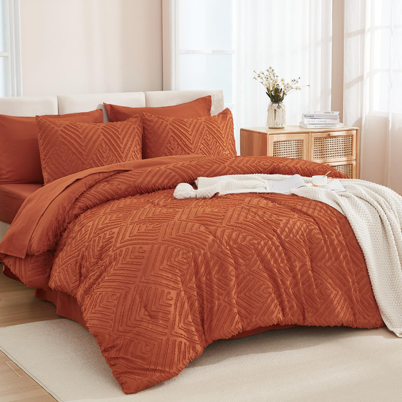 Andency Oversized King Size Comforter Set Burnt Orange - 7 Pieces Bed in a Bag Oversized King Boho Terracotta Bedding Comforter Sets, Rust Tufted Bed Set with Comforter, Sheets, Pillowcases & Shams