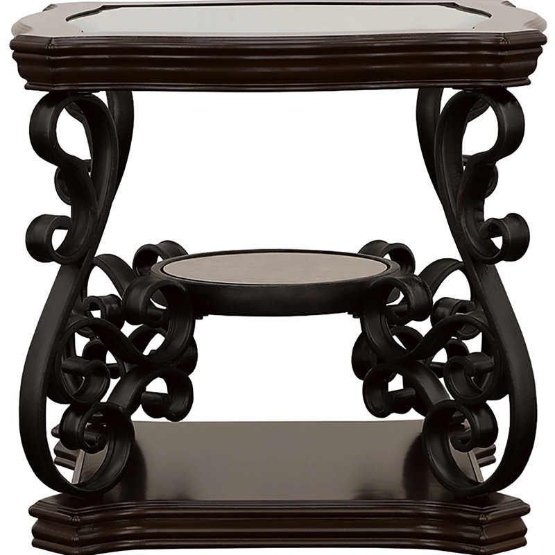 Table de bout en verre avec plateau à 2 tablettes pour les agencements de meubles, offrant un espace de rangement et de présentation, des solutions de tablettes à structure en métal, teinte brun rouge foncé, espace généreux, design