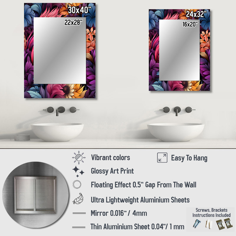 Boho rose et bleu plume fusion - miroir décoratif floral, miroir mural floral, impression d'art en métal, 32 po x 24 po