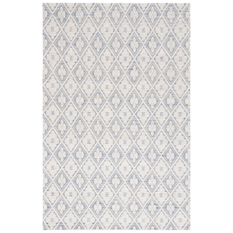 Blue and Ivory Striped Flat Woven Wool Area Rug 5' x 8'
