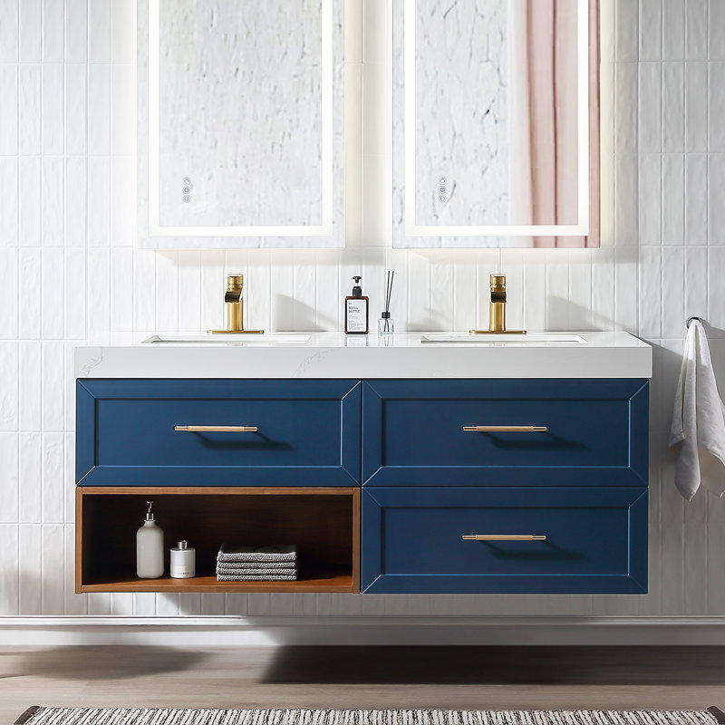 60" Wall Mounted Double Bathroom Vanity with Quartz Top, Navy Blue