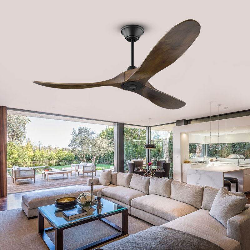 Solid Wood Ceiling Fan With Remote Control, 52", Black, Walnut