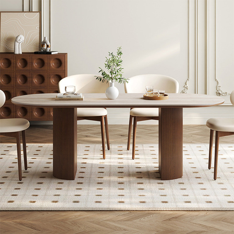 Table de salle à manger beige + brun ovale en fritté + bois manufacturé, H 29,53 po x L 62,99 po x l 31,5 po