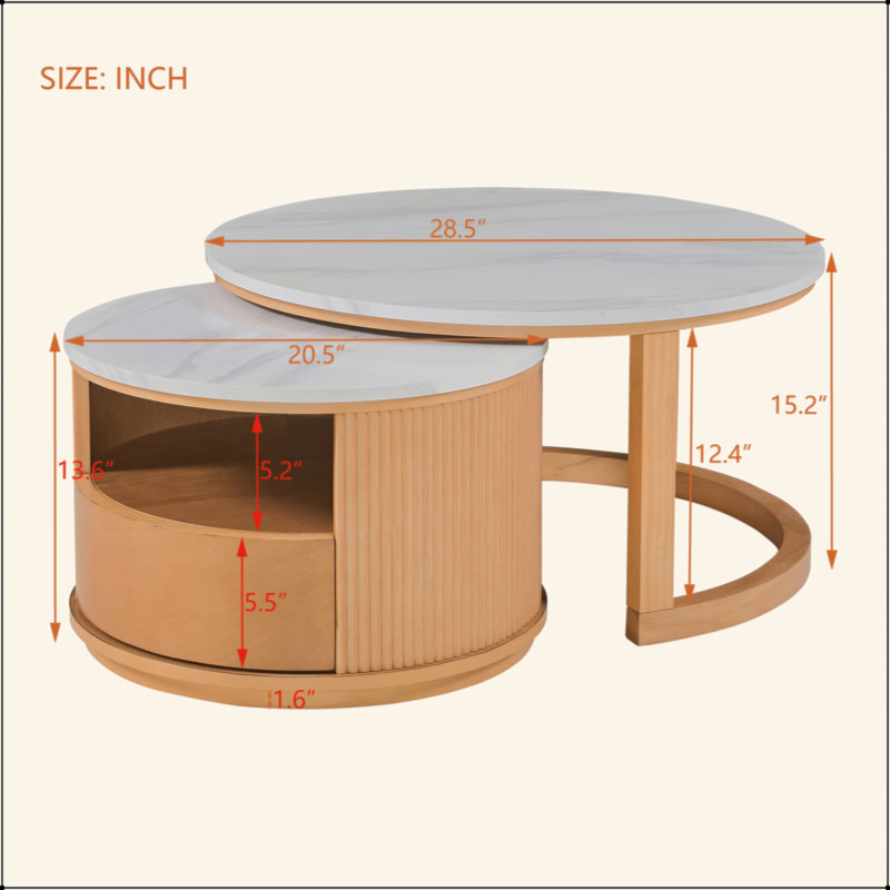 Table basse ronde gigogne avec plateau en marbre blanc, rangement à 2 niveaux et 1 tiroir