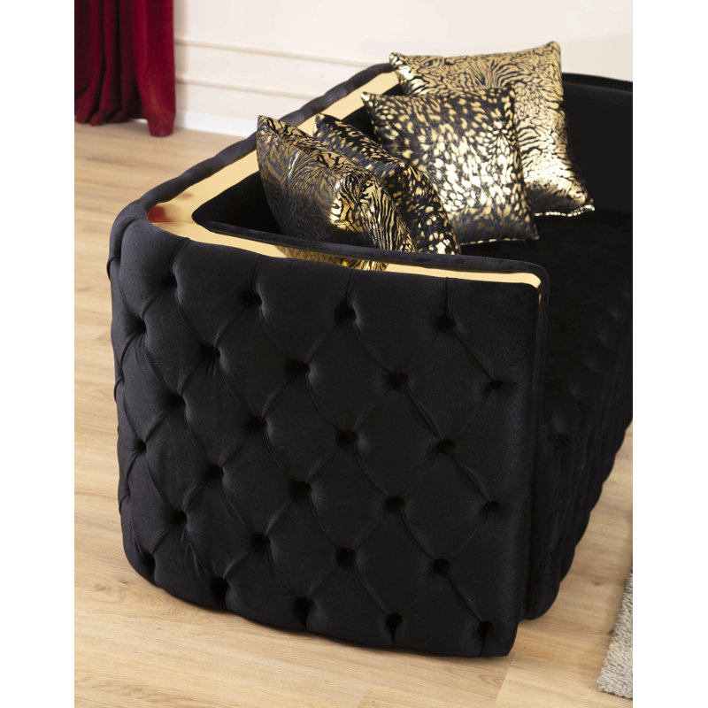 Causeuse capitonnée à boutons avec tissu velours et détails dorés, Noir