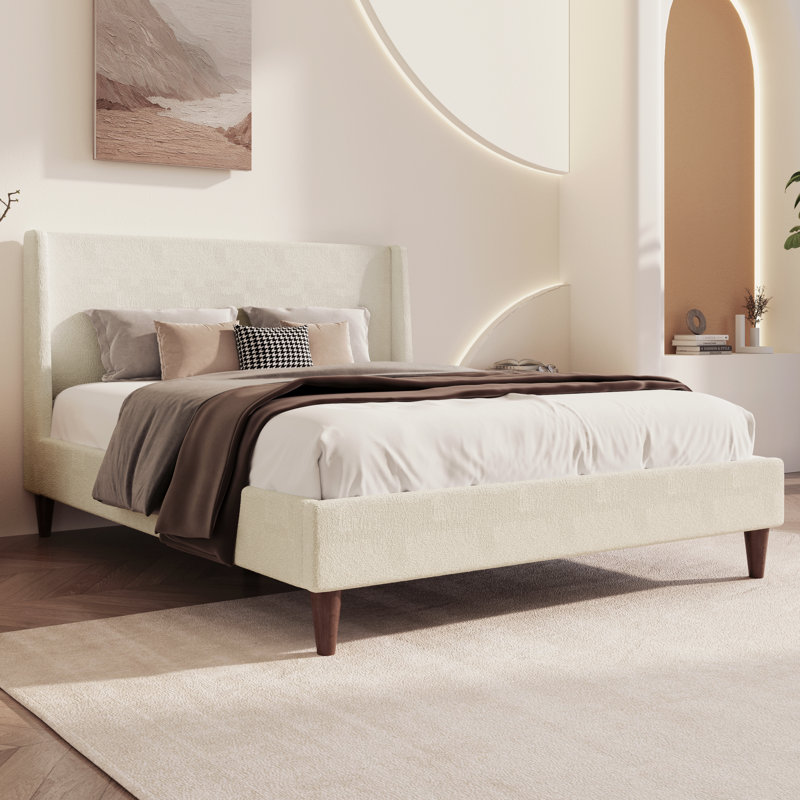 Modern Boucle Upholstered Platform Bed with Wingback Headboard and Round Wooden Legs, Queen