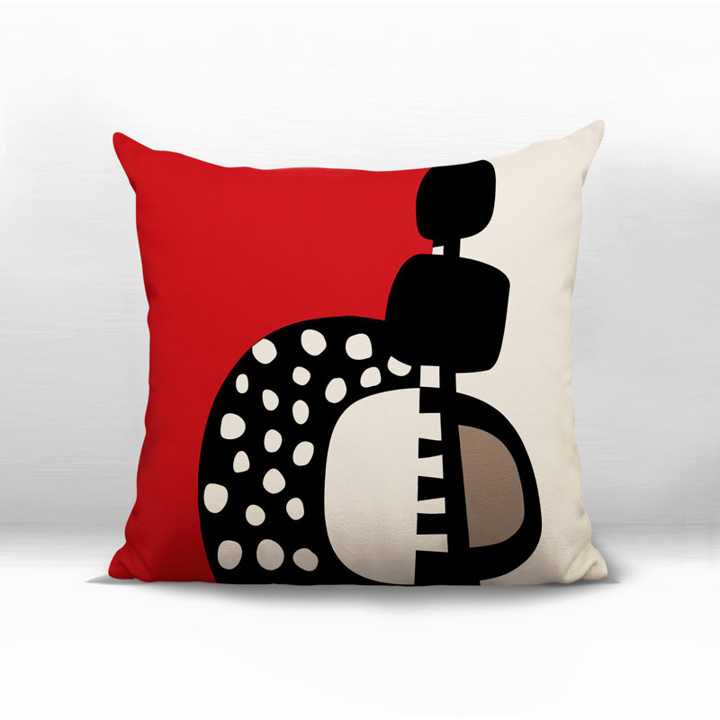 Oreiller carré réversible intérieur / extérieur Khari, Rouge / noir / blanc cassé abstrait, H 15 po x l 15 po