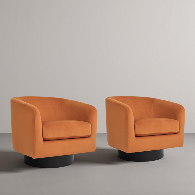 Eugenie Applewold Upholstered Orange Velvet Swivel Barrel Chair with Solid Wood Base, Orange