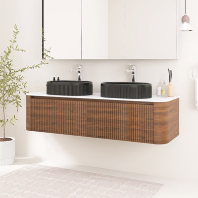 Meuble-lavabo mural cannelé 60 po avec double vasque en céramique, deux tiroirs et porte-serviettes 60 po